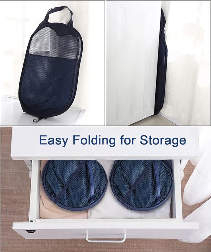 Larpur Popup Mesh Laundry Basket, Collapsible Clothes Washing Laundry Hamper with Reinforced Carry Handles, Portable Foldable Dirty Clothes Hamper for Home Dorm Cruise Travel (Blue)