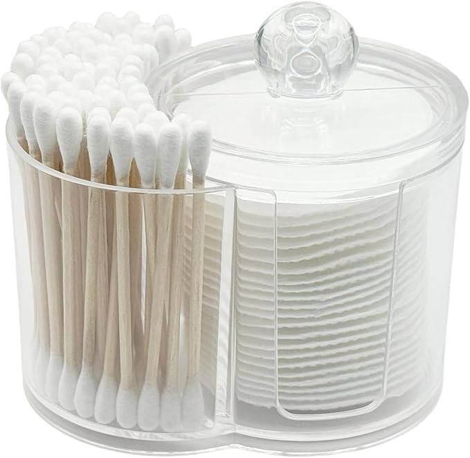 Akosale Makeup Pad Holder with Lid and Cotton Swab Storage, Clear Plastic 2-in-1 Dual Compartment Bathroom Vanity Organizer, Durable PS Canister for Cotton Rounds, Dental Flossers and Hair Ties