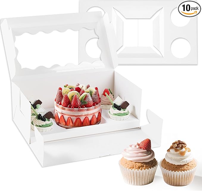 CHENZEM 10 Packs Bento Cake and Cupcake Box 3 Holes Fit 2 Cupcakes and 1 Mini Cake Box with Clear Window and Stickers for Father ‘s Day Birthday Party Bakery Baking Supplies. (1+2/10pcs)
