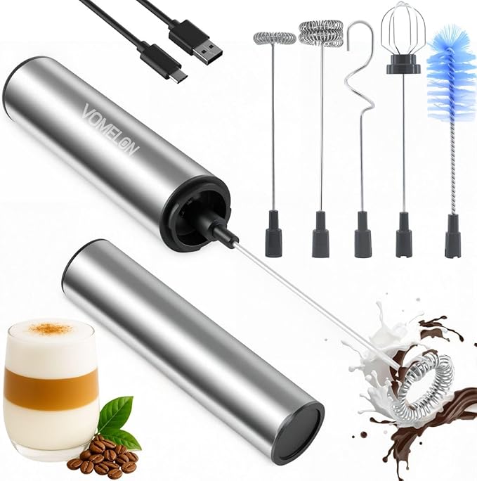 Rechargeable Milk Frother Handheld Electric Frother Wand Milk Foamer Drink Mixer for Coffee, Lattes, Cappuccino, and Egg, Stainless Steel for Travel-Rube Red