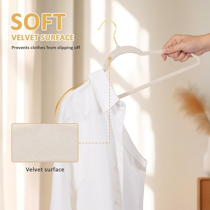 Velvet Hangers 30 Pack, Non Slip Clothes Hanger Heavy Duty for Suit/Coat, Premium Felt Slim Space Saving Suit Hangers for Closet Organizer, 360° Rotating Gold Hook - Ivory