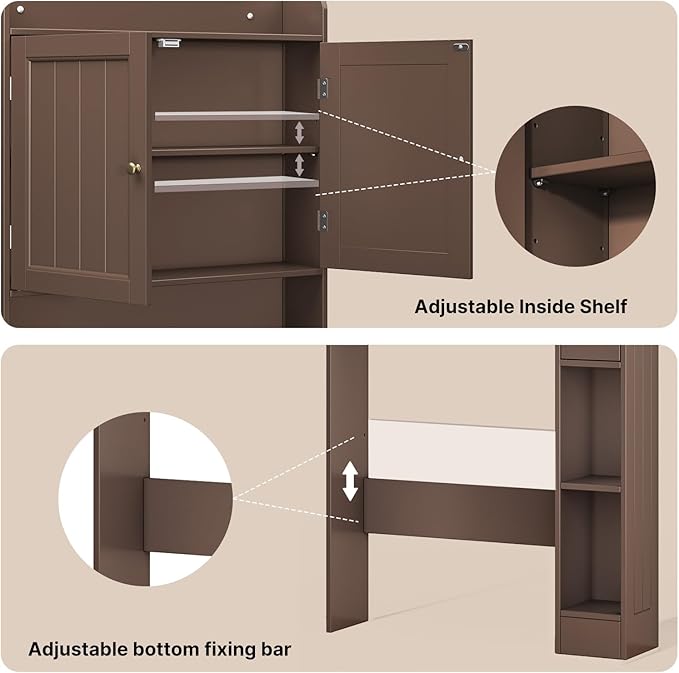 Ahomly Over The Toilet Storage Cabinet, 32.3" W Over Toilet Bathroom Organizer with Doors, Adjustable Shelves, Toilet Paper Holder, 2 Side Hooks, Space-Saver for Bathroom, Laundry, Espresso