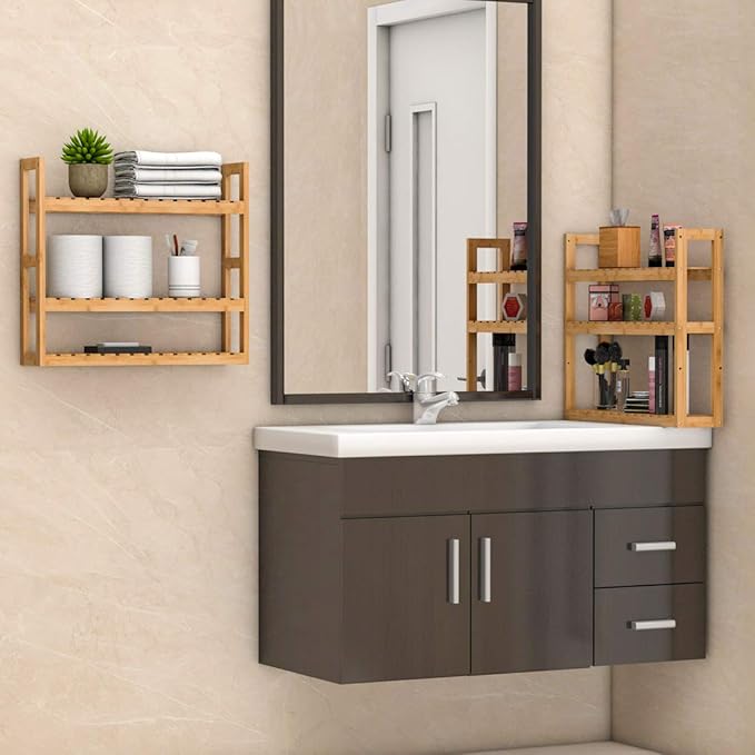 Domax Bathroom Wall Shelf - Over Toilet 3 Tier Storage Rack Adjustable Layer Multifunctional Utility Wall Mounted Towel Shelves Living Room Kitchen (Bamboo-Pack of 2)