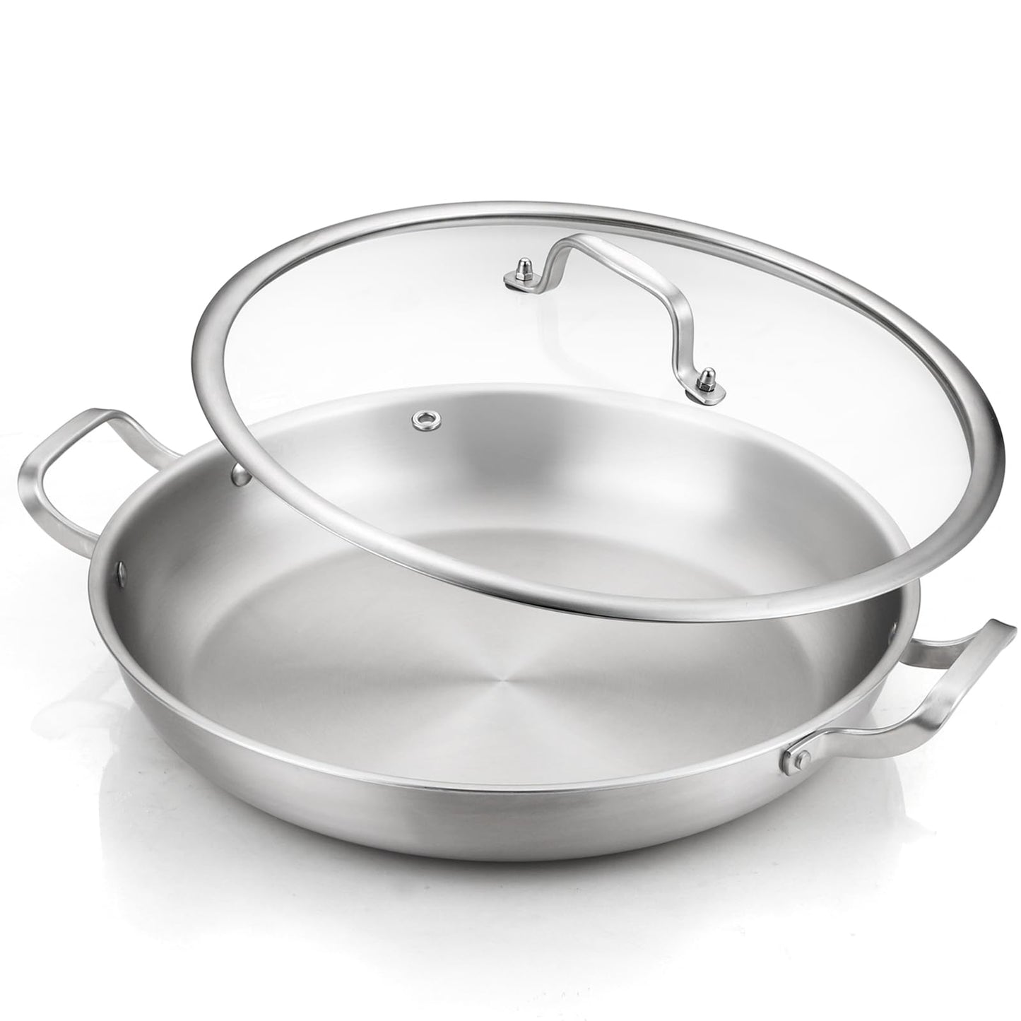DELARLO 13 Inch Tri-Ply Stainless Steel Paella Pan With Lid, Big Frying Pan, kitchen Induction Large Skillets,Great for Paella Parties Indoors Outdoors,Heavy Duty Style