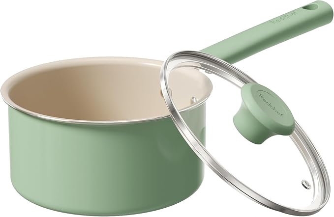 Redchef Ceramic Nonstick Saucepan with Lid, 2.5QT Small Cooking Pot, Non Toxic Sauce Pans for Kitchen, Cool Handle PFAS Free Compatible with All Cooktops, White