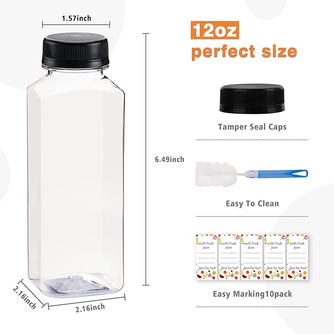 10 Pcs 12oz Plastic Juice Bottles With Caps, Reusable Food Grade Chear Juice Containers for Juicing, Smoothies, Coffee, and Other Beverages