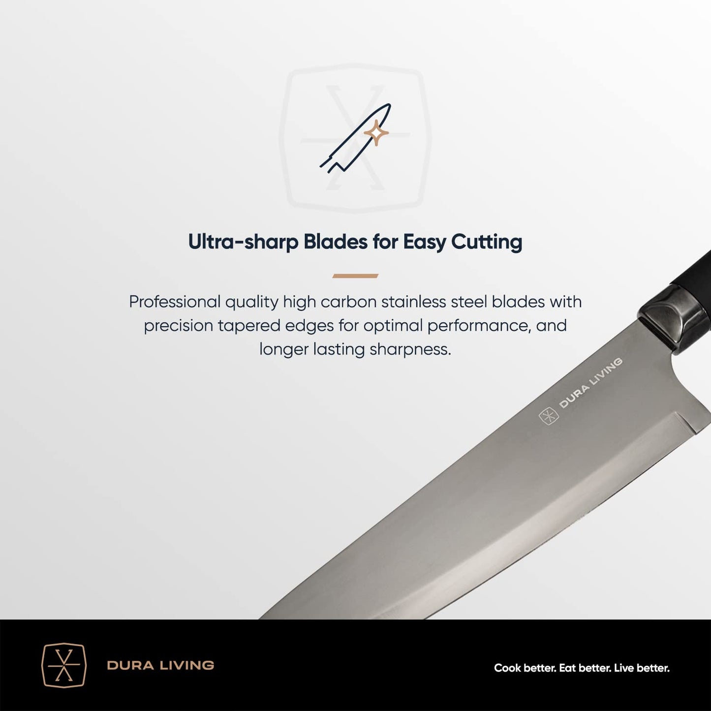 DURA LIVING Santoku Knife - 7 Inch Black Nonstick Titanium Plated Stainless Steel Ultra Sharp Blade, With Ergonomic Comfort Grip Handle Asian Chef's Knife, With Matching Sheath