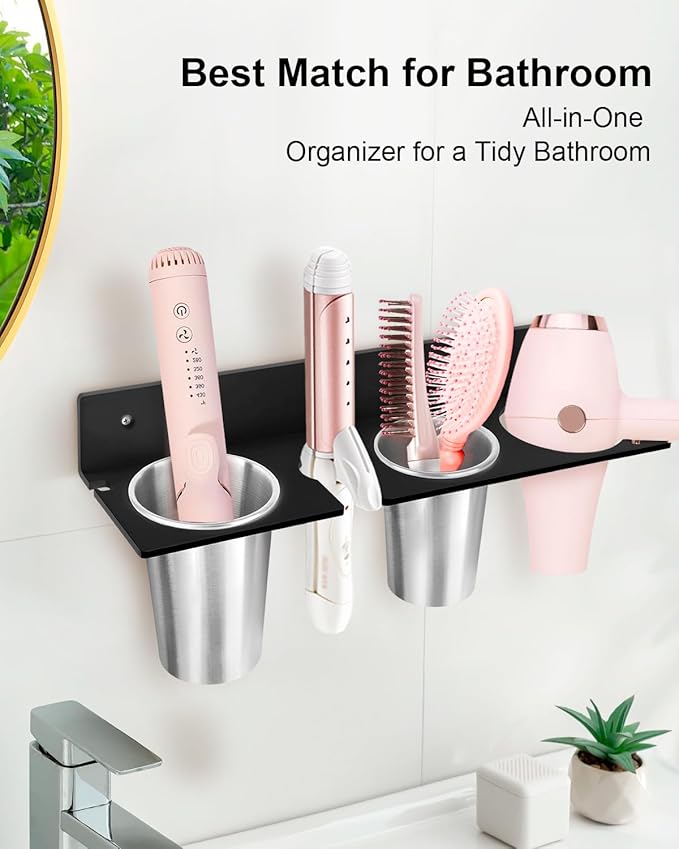 Hair Tool Organizer, Hair Dryer Holder with Heatproof Steel Cups, Acrylic Vanity Organizer for Curling Iron, Flat Iron & Hair Brushes, Perfect for Bathroom (Black, Oversized)