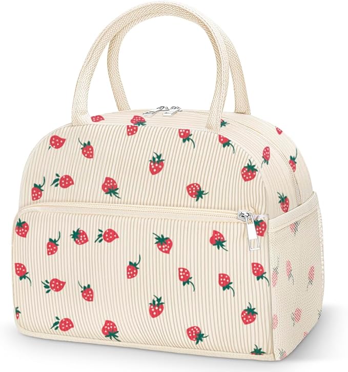 Coobiiya Corduroy Lunch Bag Lunch Box for Women Men, Cute Strawberry Lunch Tote Bags Insulated Reusable LunchBox Large Capacity Cooler Bag for Work Travel Picnic
