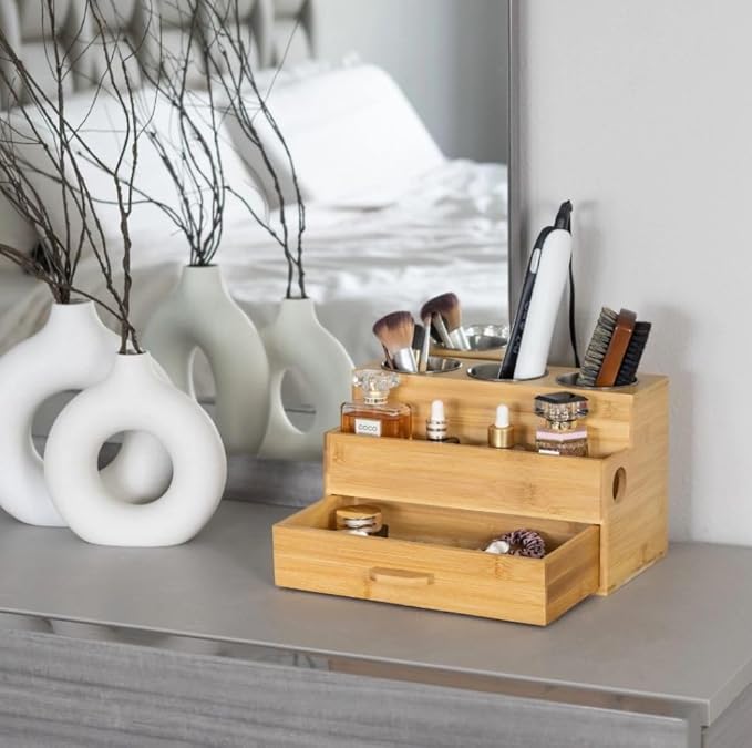 Hair Tool Organizer- Bamboo, Blow Dryer Holder, Bathroom Countertop, Vanity Caddy Storage Stand for Accessories, Makeup, Toiletries