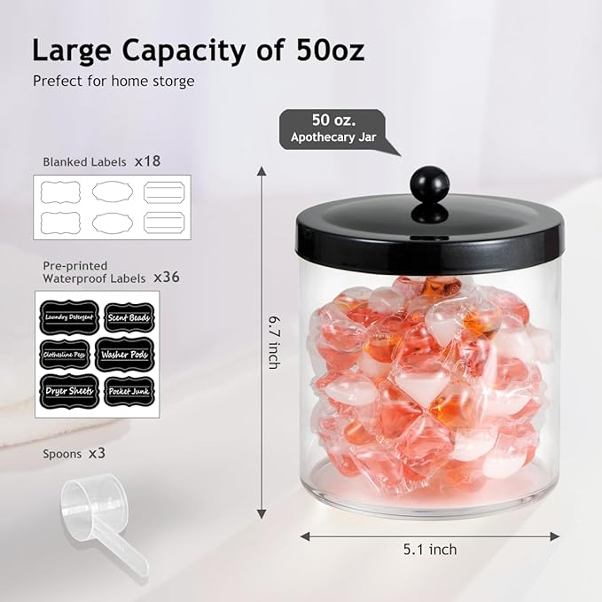 3 Pack 50 Oz Large Plastic Apothecary Jar with Black Stainless Steel Lid - Shatterproof Laundry Pods Container - Modern Industrial Bathroom & Kitchen Storage Organizer for Scent Beads, Bath Bombs