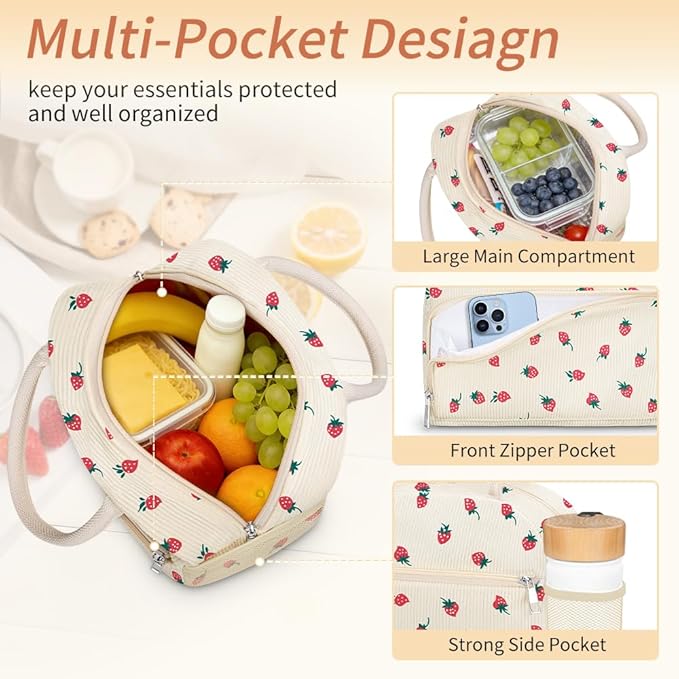 Coobiiya Corduroy Lunch Bag Lunch Box for Women Men, Cute Strawberry Lunch Tote Bags Insulated Reusable LunchBox Large Capacity Cooler Bag for Work Travel Picnic