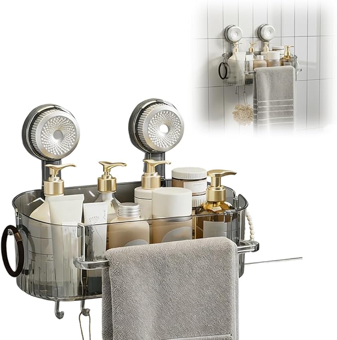 No-Drill Bathroom Suction Storage Box, 2026 Upgrade Removable Bathroom Hanging Suction Storage Box, Corrugated Suction Cup Storage Holder for Home, Bathroom Shower Caddy (Grey)