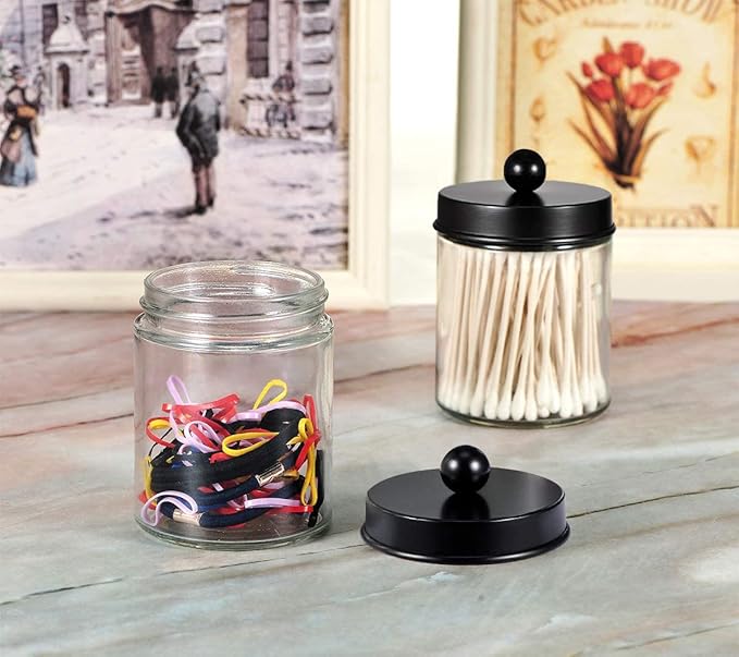 Amolliar 4 Pack Apothecary Jars Bathroom Vanity Storage Organizer Set -Countertop Canister with Stainless Steel Lids &Cute Stickers - Qtip Dispenser Holder for Qtips,Cotton Swabs,Makeup Sponges(Black)