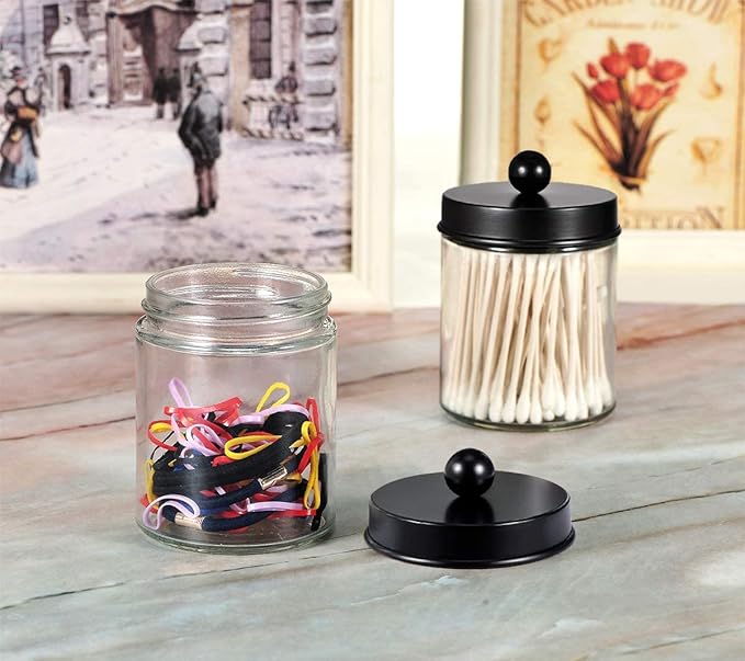 Amolliar Apothecary Jars Bathroom Storage Organizer - Cute Qtip Dispenser Holder Vanity Canister Jar Glass with Lid for Cotton Swabs,Rounds,Bath Salts,Makeup Sponges,Hair Accessories/Black（2 Pack）