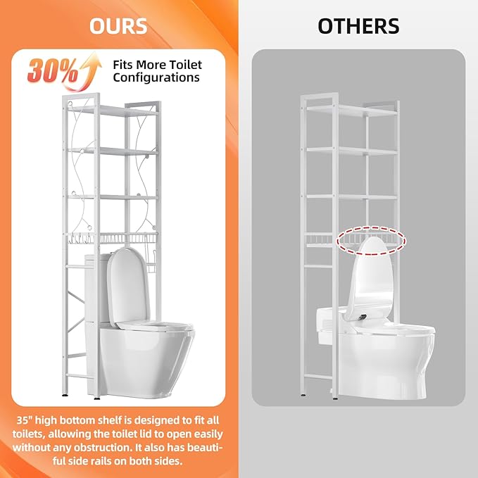 Over-The-Toilet Storage Rack, 4-Tier Bathroom Organizer Shelf Over Toilet with Adjustable Shelf and Basket, Freestanding Space Saver Bathroom Shelves Above Toilet for Room (Pure White)