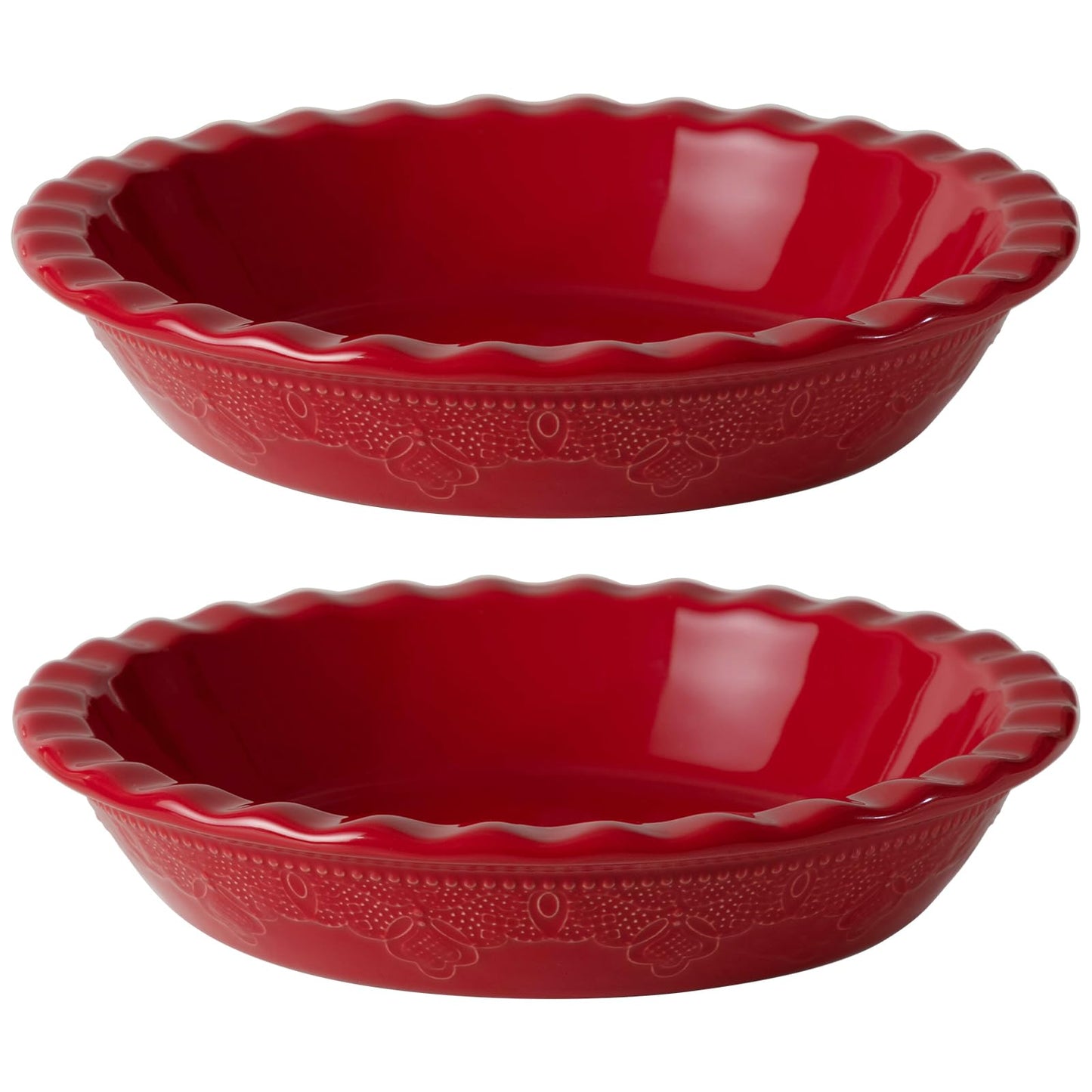 Fun Elements Pie Pan, 9 Inch Ceramic Pie Dish, Deep Dish Pie Pan with Lace Emboss, Ruffled Pie Plate for Baking, Thanksgiving Christmas Gifts, Set of 2, White