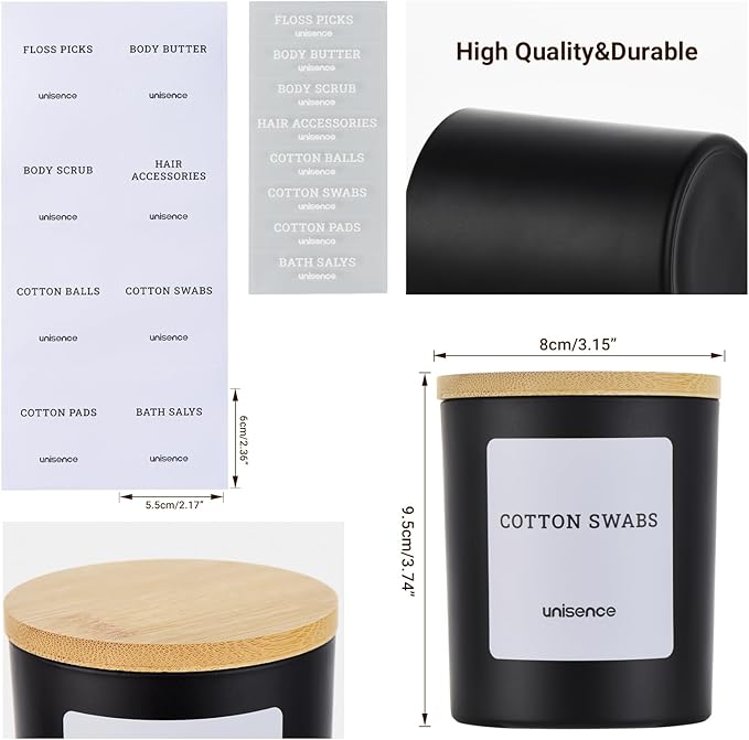 Glass Qtip Holder 2 Pack , Qtip Holder Dispenser Bathroom Set Bathroom Organizers and Storage Q tip Holder with Lid Makeup Storage Organizer for Cotton Swabs,Cotton Balls,Pads,Floss Picks ,Black