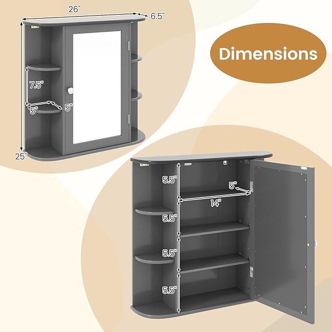 Tangkula Bathroom Wall Cabinet with Mirror, Modern Medicine Cabinet with Mirrored Door, 4 Internal Shelves & 6 Side Open Shelves, Wall Mounted Space-Saving Storage Organizer