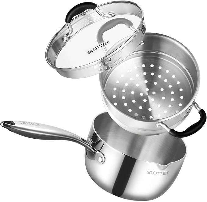 SLOTTET Tri-Ply Whole-Clad Stainless Steel Sauce Pan with Pour Spout,2.5 Quart Small Multipurpose Pasta Pot with Strainer Glass Lid, Saucepan for Cooking with Stay-cool Handle.