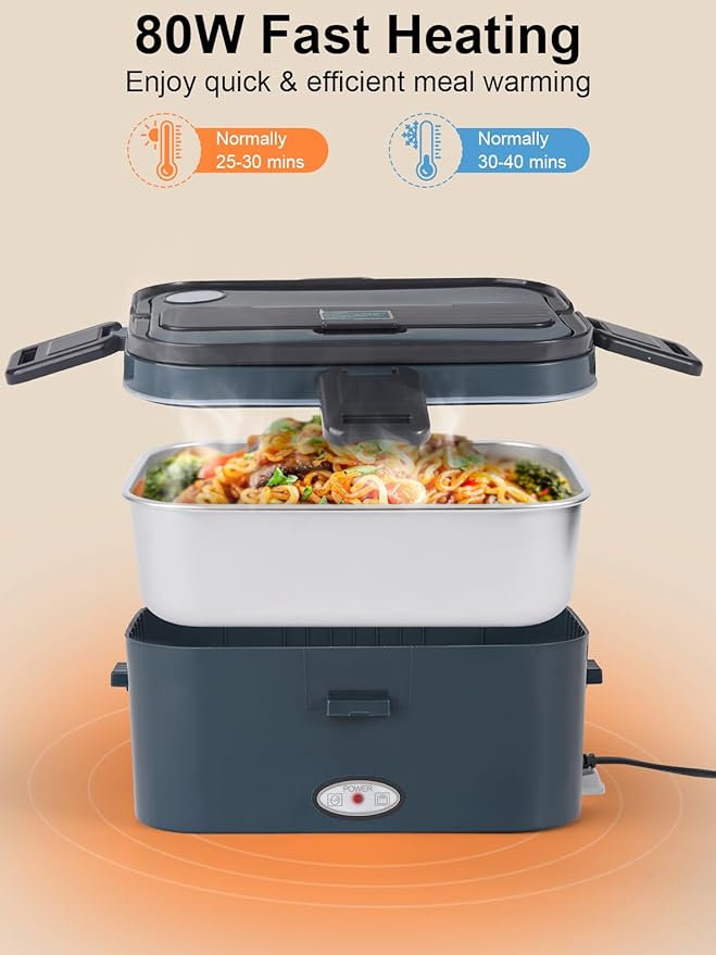 1.8L+0.5L Heated Lunch Box for Men, 80W Electric Lunch Box with Long-handled Utensils for Adults, 12V/24V/110V Lonchera Eléctrica Portátil, Portable Food Warmer for Car/Truck/Office (Deep Blue)