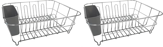 2-Piece Dish Drying Rack & Cutlery Holder Set - Compact Sink-Fitting Dish Drainer with Rubberized Undercoating, Space-Saving Kitchen Organizer for Plates, Cups, Bowls & Utensils, Gray (Pack of 2)