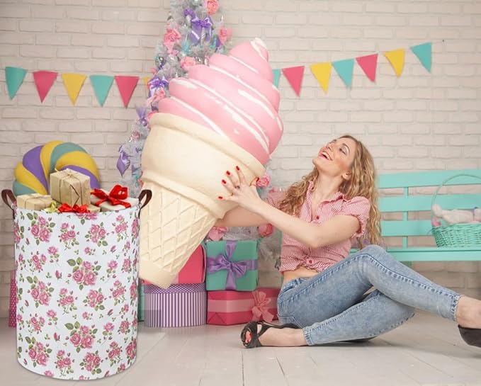 HIYAGON Roses Pink Laundry Basket Baby Girls Laundry Hamper Kids Toy Storage Bins Organizer Gift Basket Pink Rose Bedroom Decor Bathroom(Pink Rose)