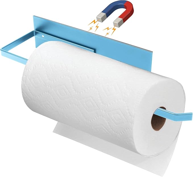 Paper Towel Holder Magnetic, Magnetic Paper Towel Holder for Fridge, Toilet Paper Roll Holder Magnet Towel Rack Wall Mount Shelf Bar for Towels Rolls Bathroom RV Dorm Kitchen Wall Decor, Blue