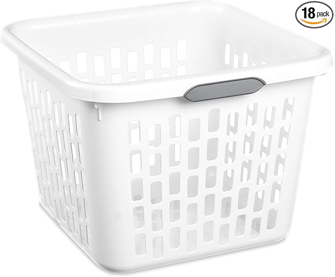 Sterilite Laundry Basket, Plastic Clothes Hamper, Large Square Bin with Comfort Grip Handles and Reinforced Rim, 1.5 Bushel Capacity, White, 18 Pack