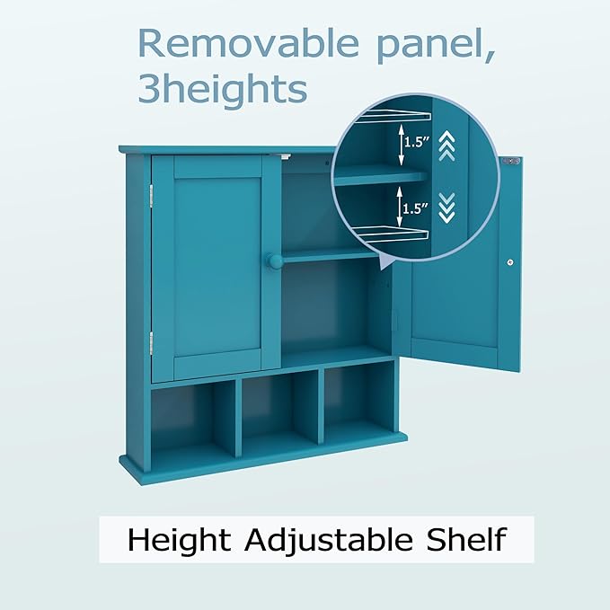 TaoHFE Turquoise Bathroom Cabinet,Bathroom Wall Cabinet with 2 Door Adjustable Shelves,Over The Toilet Storage Cabinet,Blue Bathrooms Cabinet Wall Mounted,Medicine Cabinets for Laundry