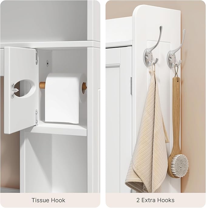 Ahomly Over The Toilet Storage Cabinet, 32.3" W Over Toilet Bathroom Organizer with Doors, Adjustable Shelves, Toilet Paper Holder, 2 Side Hooks, Space-Saver for Bathroom, Laundry, White