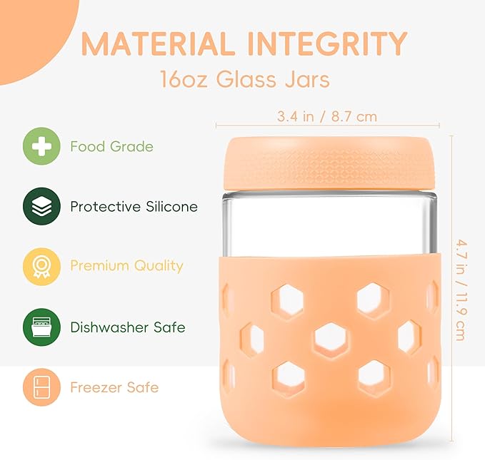 Gemice 6-Pack 16 oz Overnight Oats Containers with Lids and Silicone Sleeves, Glass Mason Jars with Airtight Lid, Dishwasher Safe, Wide Mouth Chia Seed Pudding Meal Prep Jar for Yogurt Berries Snack