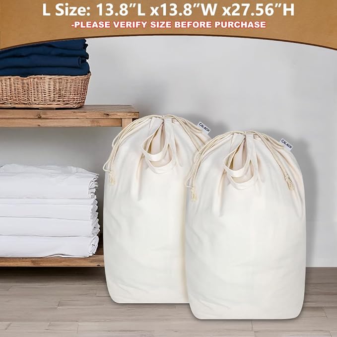 Canvas Laundry Bags with Handles & Square Base13.8"Lx13.8"Wx27.6"H, Large Heavy Duty Laundry Hamper Bag, College Dorm Washable Drawstring Canvas Dirty Clothes Sack (Beige,2 Pack)