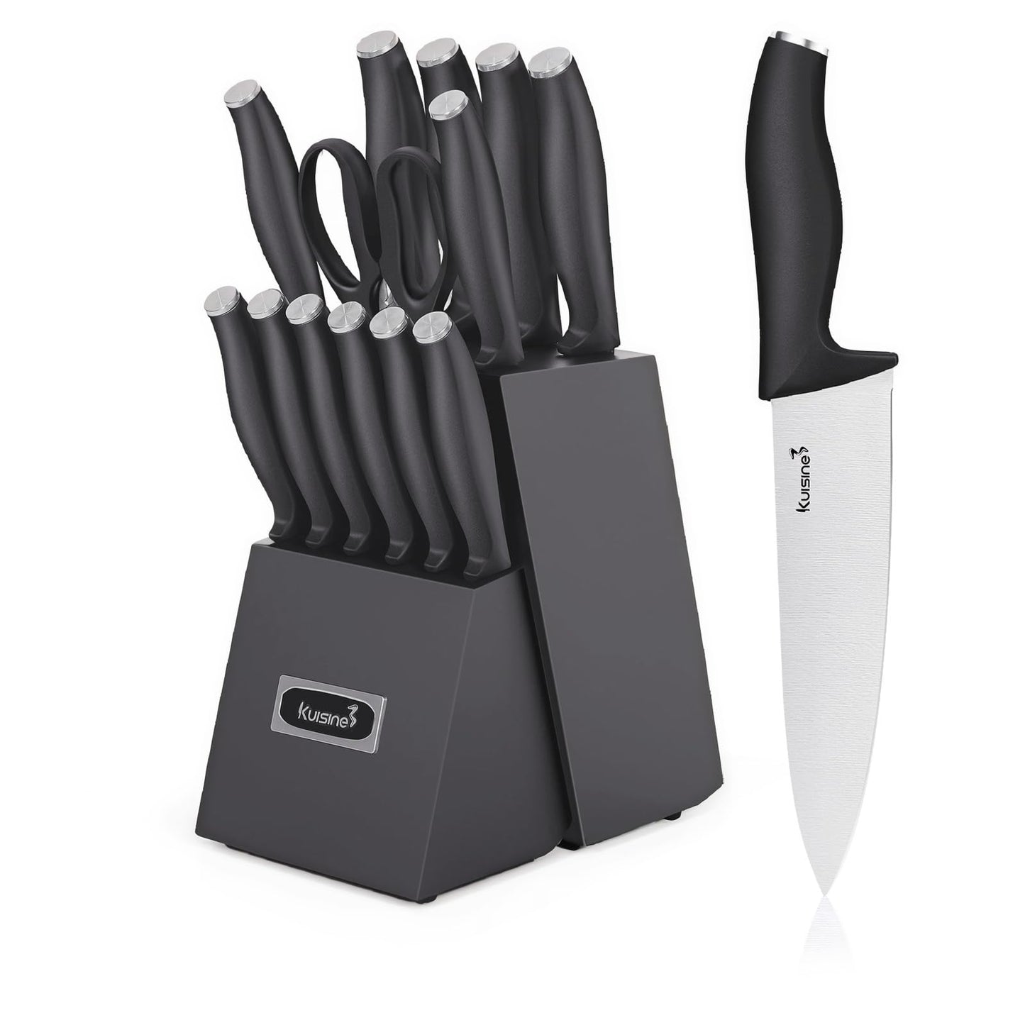 KUISINE Upgraded Chef Knife Set,High Carbon Stainless Steel Ultra Sharp Blade Ergonomic Handle,Kitchen Knife Block Set with Built-in Sharpener,Elegant Gift for Holiday(Silver Black,15PCS)