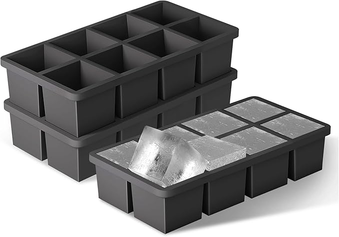 Samuelworld Large Silicone Ice Cube Tray Molds, Big 2 Inch Cubes 3 Pack- Food Grade, Flexible, 8 Cavity Easy Release Slow Melting Ice for Whiskey, Cocktails, Gifts & Christmas - Black (Ice Bag)