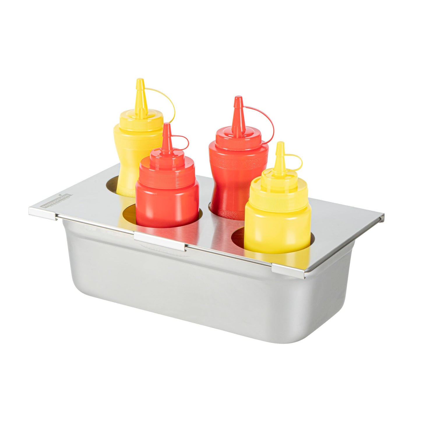 Restaurantware Squeeze Bottle Holder 1 Count 6.30 x 7.01 x 6.26 Inches Stainless Steel Condiment Organizer - Four-Hole Durable Kitchen Rack - Silver Prep Station Organizer