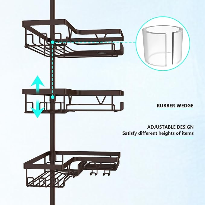 Corner Shower Caddy Tension Pole - Adjustable 4-Tier Shower Shelf Stainless Steel Corner Tension Rod Bathroom Organizer Shampoo Holder with Soap Holders & Hooks for Bath, Tub, Floor Space Saving