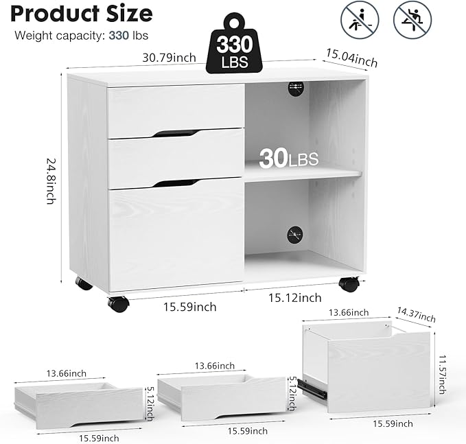 DUMOS Lateral File Cabinet with 3 Drawers Rolling Filing Cabinets Under Desk Storage Printer Stand Wood Organizer with Wheels Adjustable Shelf for Office Home Small Space, White