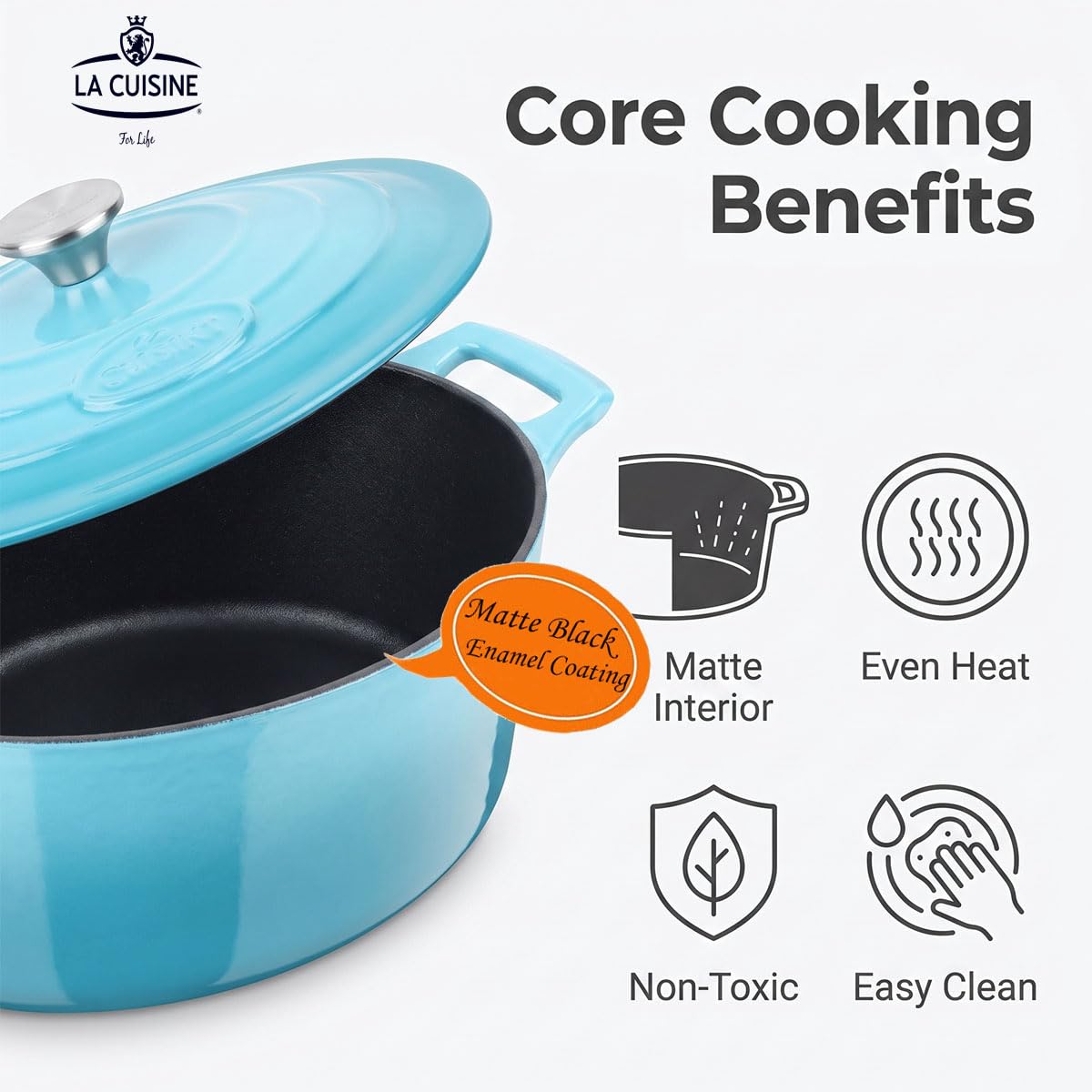 La Cuisine Enameled Cast Iron Dutch Oven Casserole Pot with Golden handle for Lid, Internal Matte Black Enamel Coating, 6.5 QT 11" / 28cm Ø, Oven-Safe 550°F/276°C, Cranberry