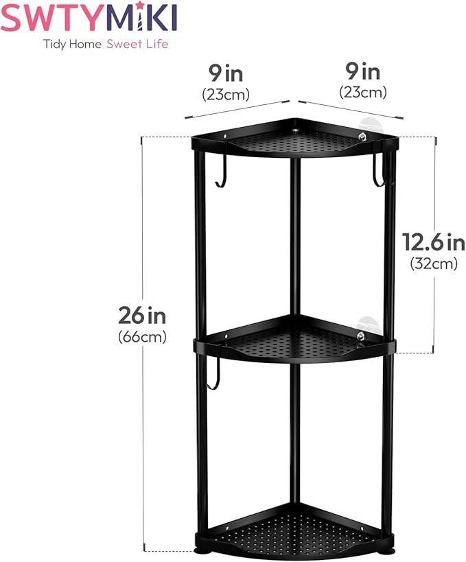 SWTYMIKI Corner Shower Caddy Standing - 3 Tier Stainless Steel Shower Organizer Stand, Large Capacity Floor Shelf with 4 Hooks, Rustproof Bathroom Storage Rack, Black