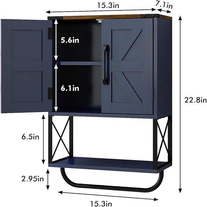 RUSTOWN Farmhouse Rustic Medicine Cabinet with Two Barn Door,Wood Wall Mounted Storage Cabinet w/Dark Brown Top & Adjustable Shelf and Towel Bar, 3-Tier Cabinet for Bathroom(Navy Blue)