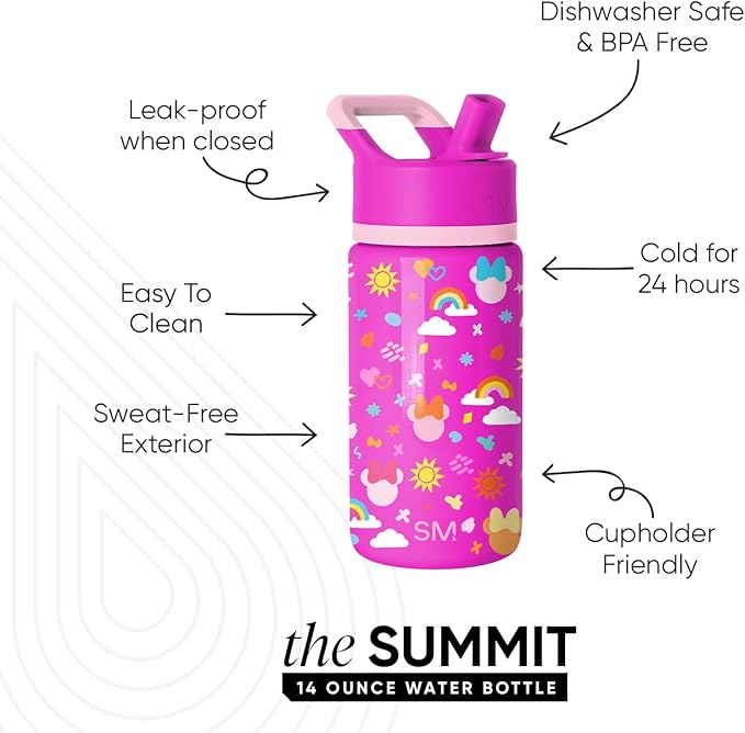 Simple Modern Kids Summit Water Bottle with Straw Lid | Disney Minnie Mouse 14oz Stainless Steel Cup Insulated Tumbler for Girls, School | Minnie Doodle