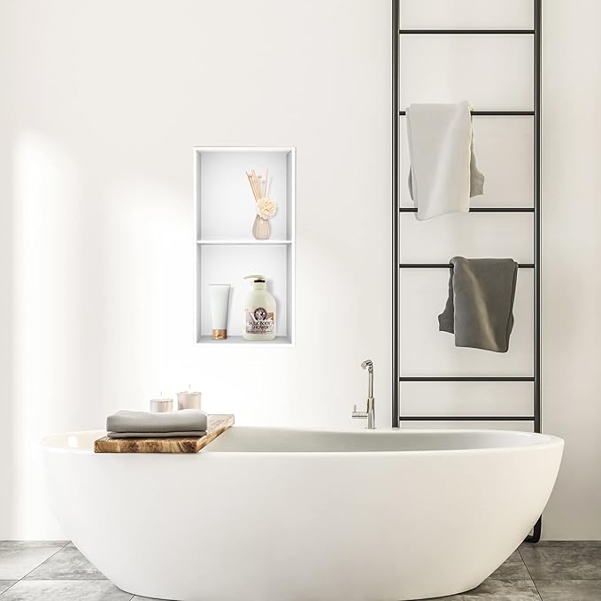 Neodrain No Tile Shower Niche, Stainless Steel Wall Niche 13.1"X25.1"(Inner Size 12"X24"), Two-Tier Bathroom Shelf, NO Tile Needed Recessed Storage for Bathroom Storage, White