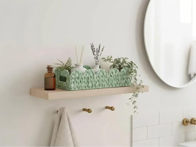 Green Toilet Basket,2 Pack Scalloped Wicker Basket for Shelves,Both Storage and Decor,Small Toilet Paper Baskets for Tank Topper,Countertop,Rectangle