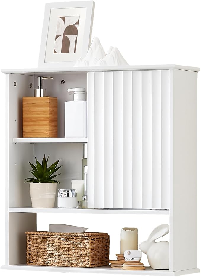 22.5 x 23.5 inch Bathroom Wall Cabinet, Medicine Cabinet Wall Mounted w/Fluted Sliding Door Adjustable Shelf White Storage Cabinet Organizer for Kitchen Dining Room Living Room