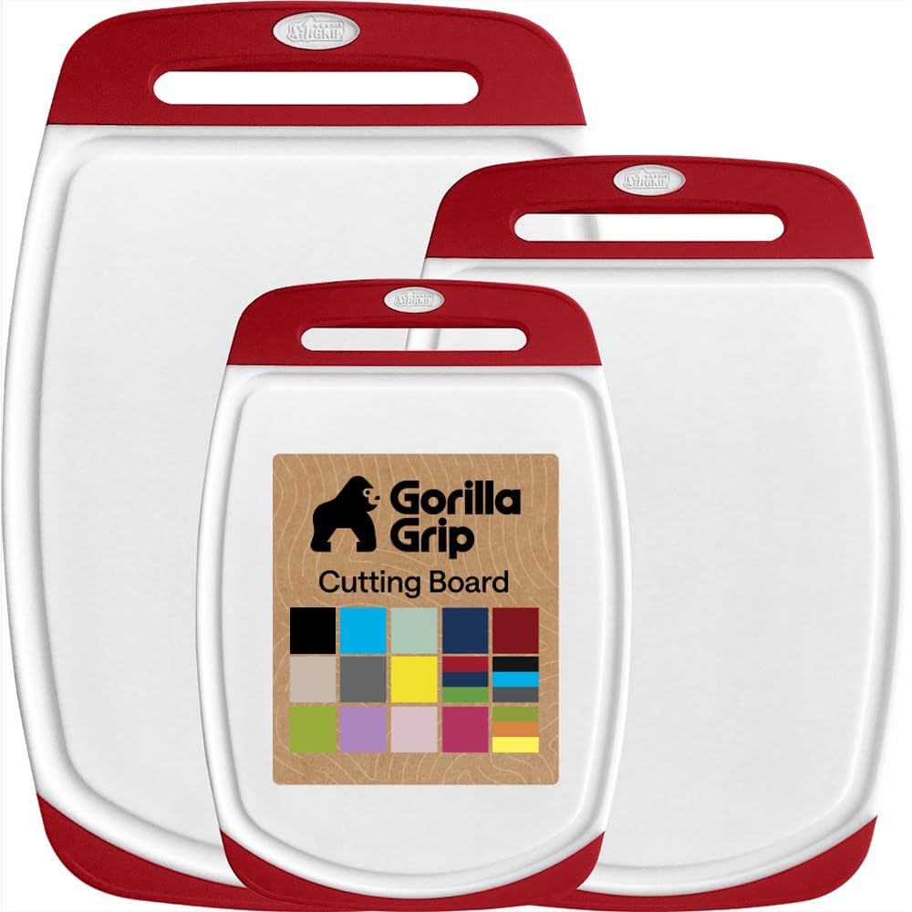 GORILLA GRIP BPA-Free Reversible Kitchen Cutting Board, Set of 3, Red