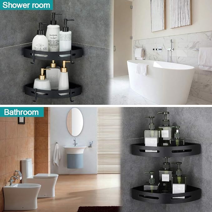Hoomtaook Adhesive Corner Shelf Bathroom Shower Caddy Organizer for Kitchen Toilet No Drilling 2-Tier Bathroom Corner Shelves Shower Caddies
