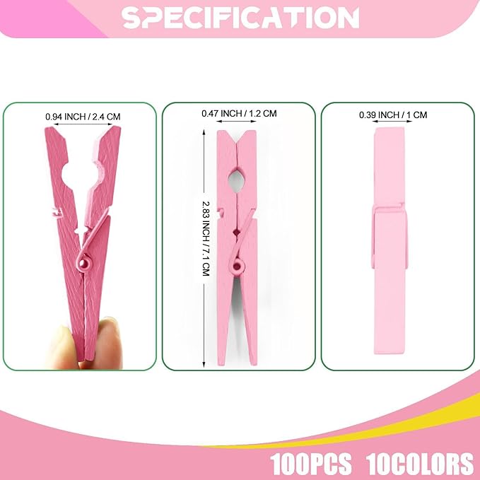 Pink Clothes Pins Wooden 100 Pack, Colored Clothespins for Craft Art Baby Shower Classroom 2.9 Inch