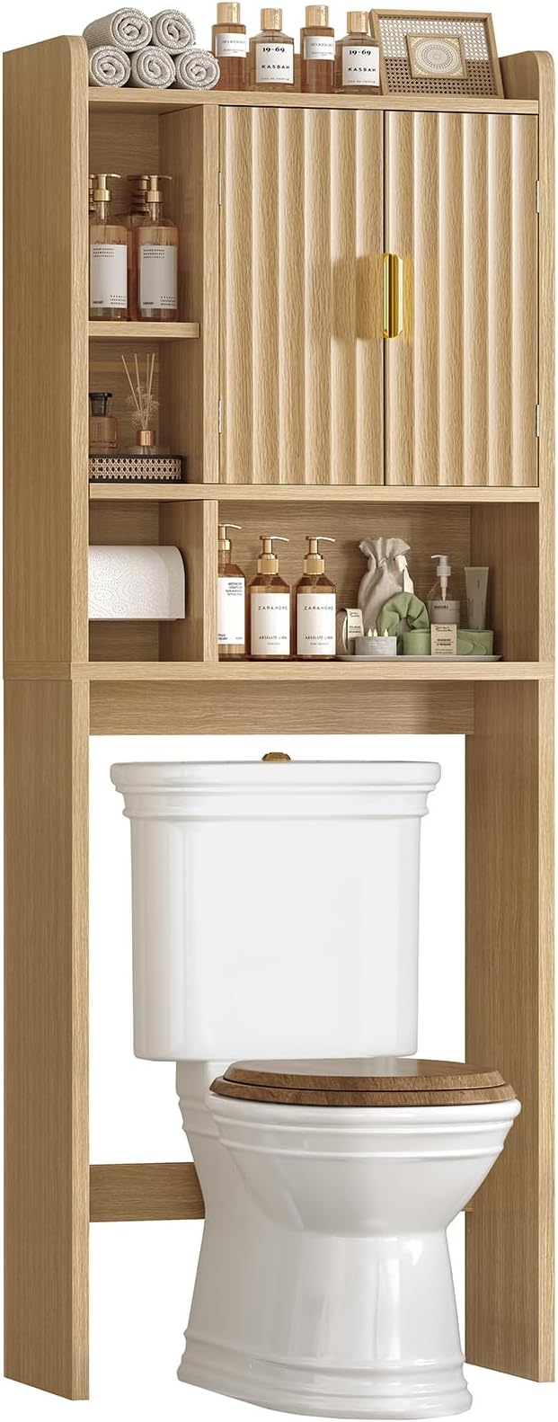 TEENFON Over The Toilet Storage Cabinet with 4 Open Shelves and Adjustable Shelf, Extra Tall Bathroom Organizer Unit with 2 Wood Doors, Home Space Saver for Bathroom, Laundry Room, Natural