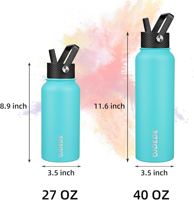 BJPKPK Insulated Water Bottles with Straw Lid, 27oz Stainless Steel Water Bottle with 3 Lids, Leak Proof BPA Free Metal Thermo, Mugs, Tumblers, Keep Cold Hot - Turquoise